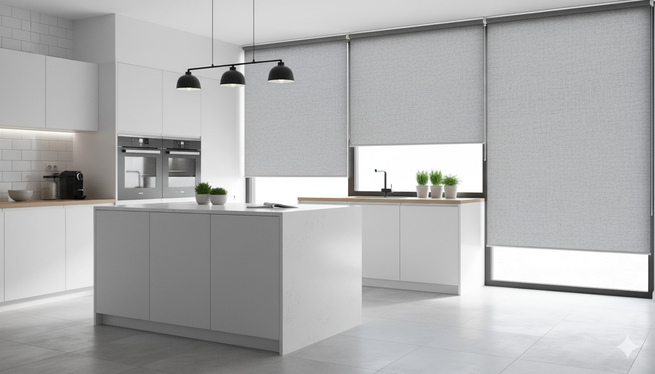 Modern kitchen featuring stylish blinds